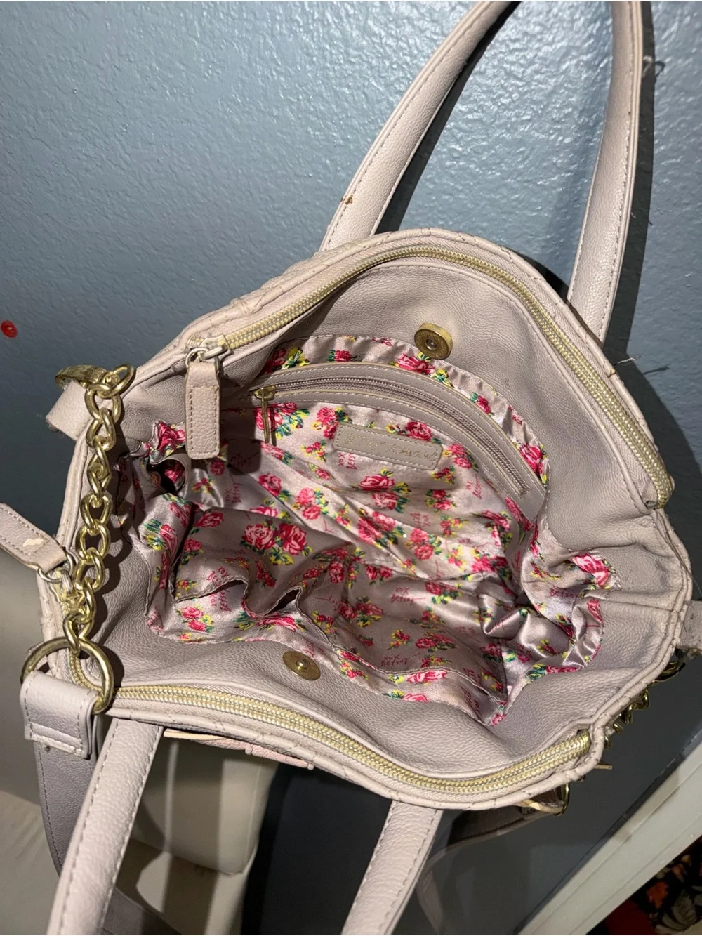 Betsey Johnson Taupe and Blush Bow Satchel Bag